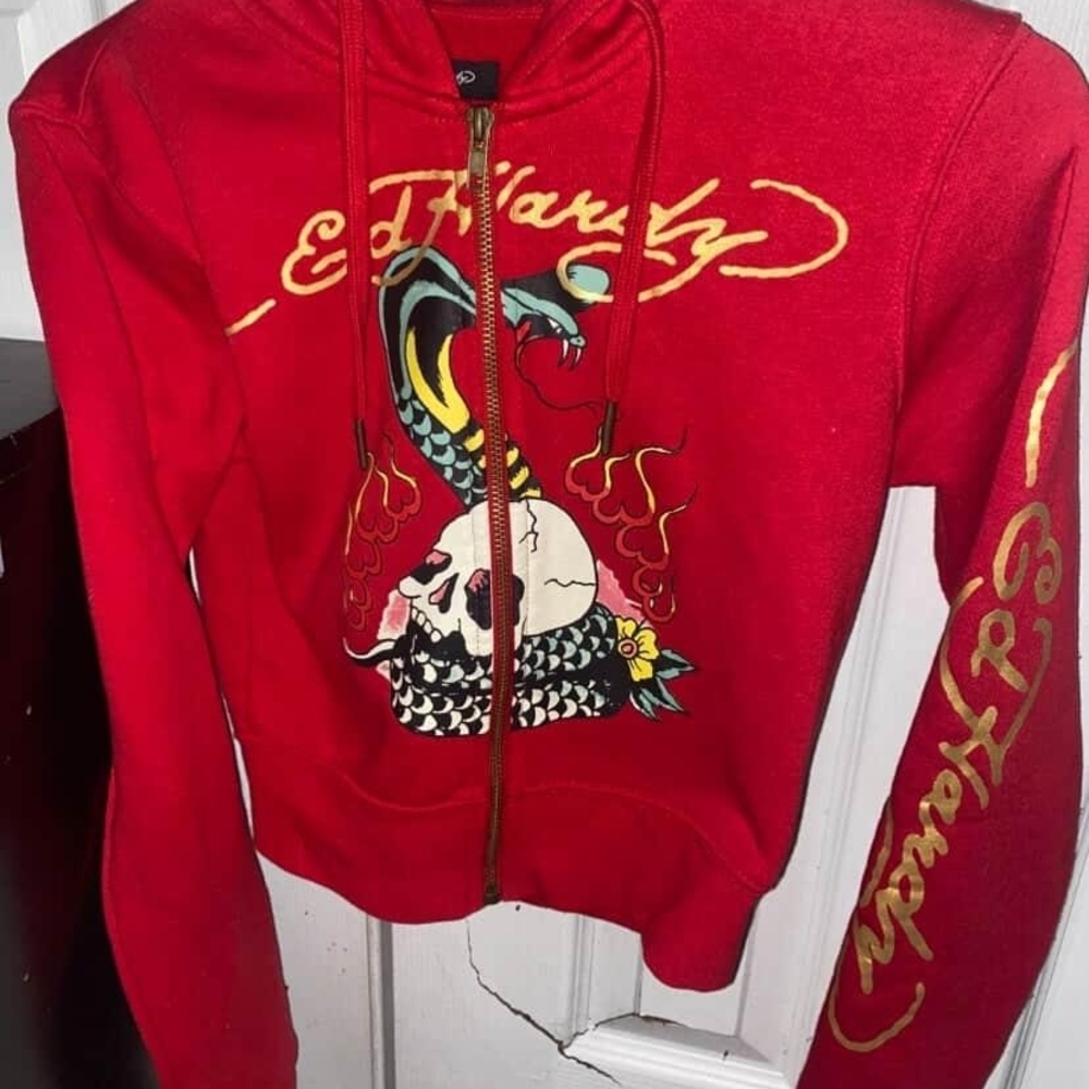 Ed Hardy Red Hoodie with Gold Logo